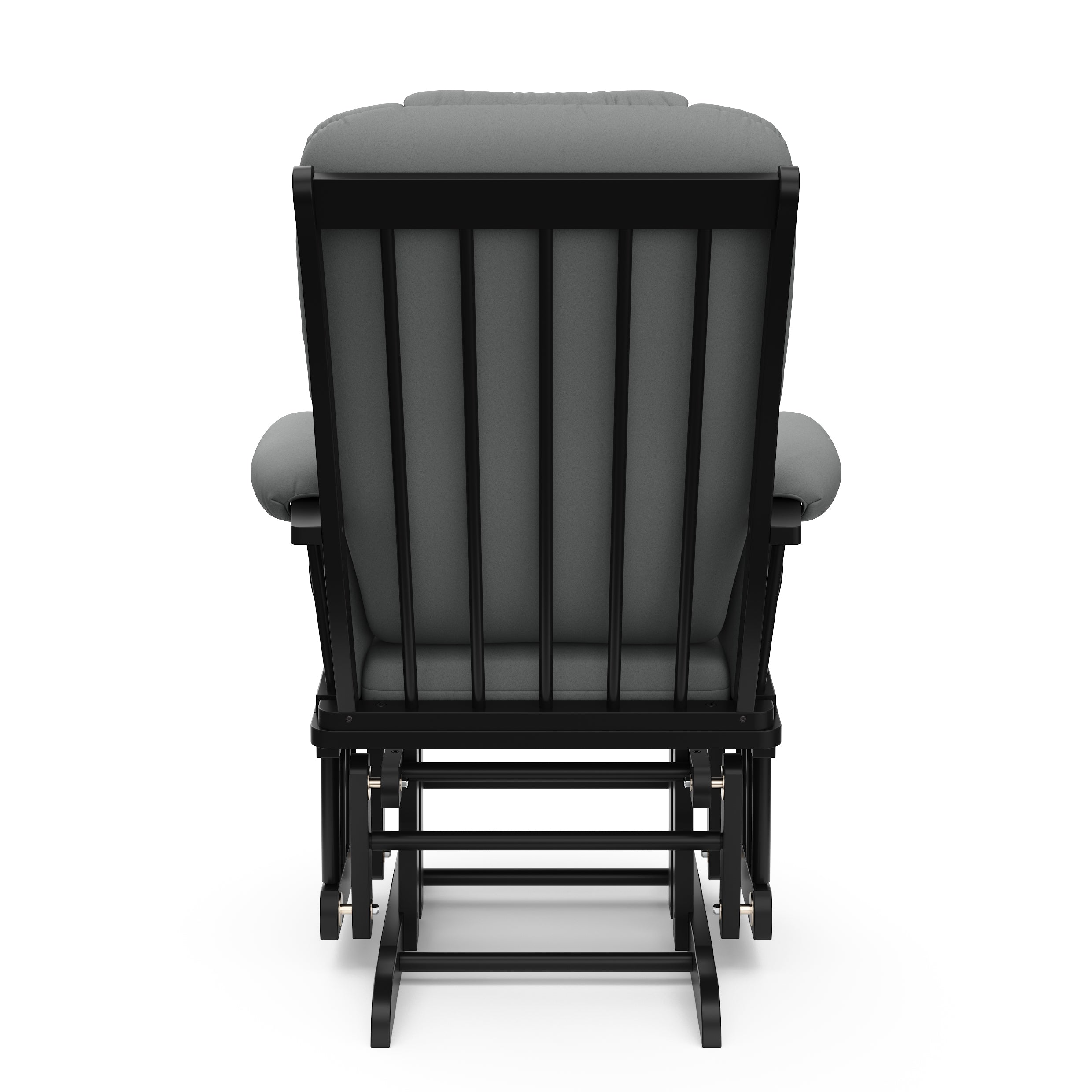 black glider with gray cushions back view 