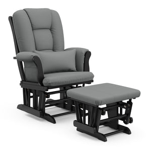 black glider and ottoman with gray cushions angled view 