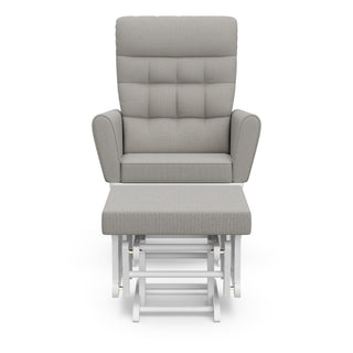 front view of white and misty gray glider and ottoman 