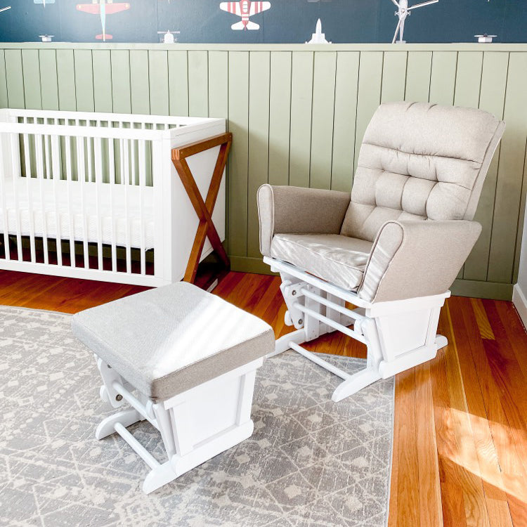 white and misty gray glider and ottoman in nursery