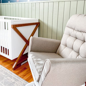 white and misty gray glider and ottoman in nursery