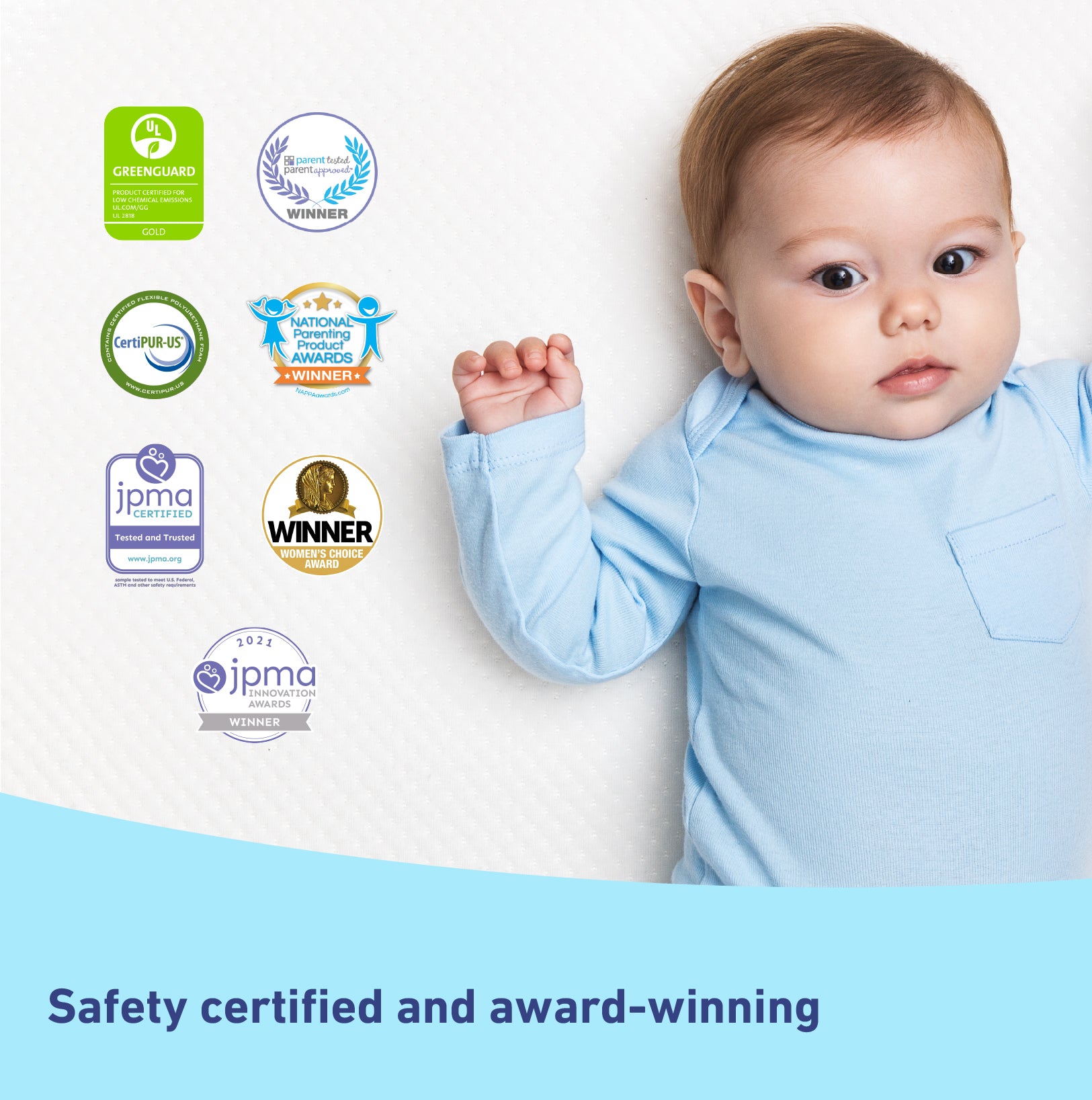 baby mattress awards and safety certifications graphic