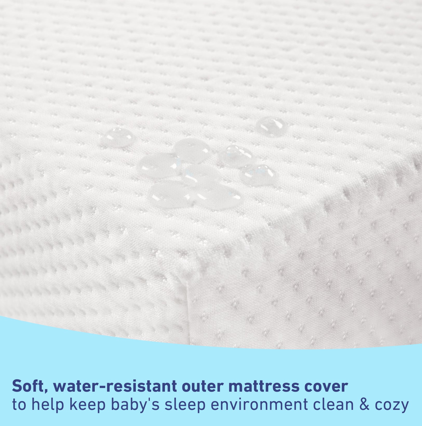 close-up view of water-resistant outer baby mattress cover