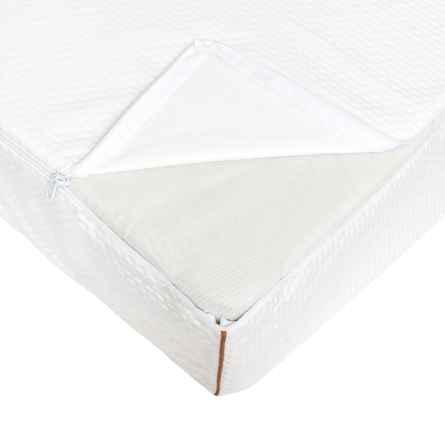 Close-up view of unzipped baby mattress cover