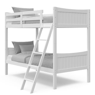 white bunk bed with fixed ladder with bedding