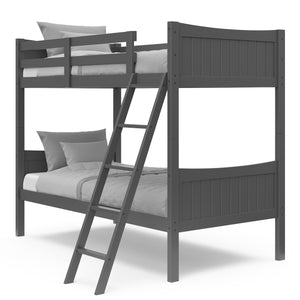 gray bunk bed with fixed ladder with bedding