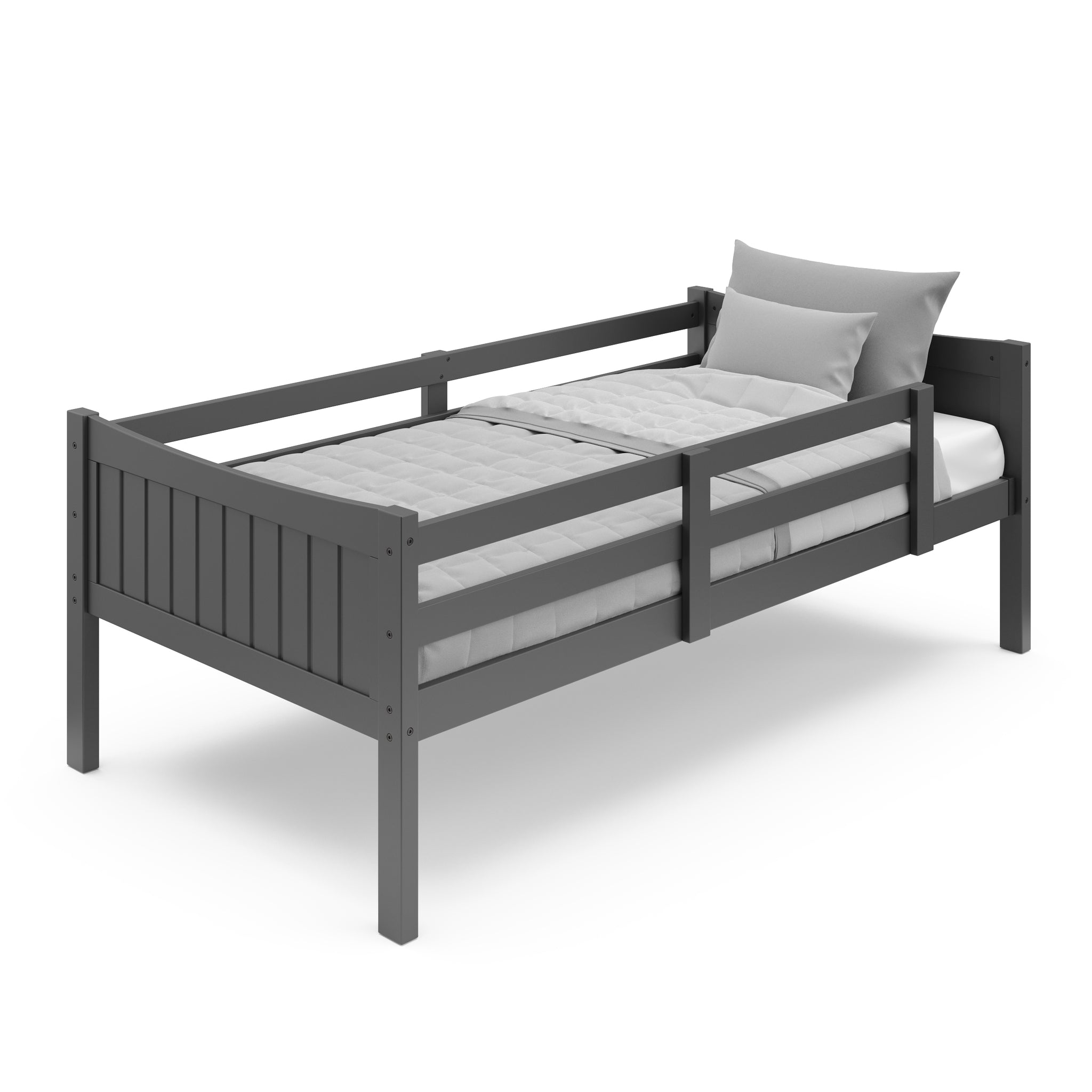 gray top bunk bed with guardrails angled 