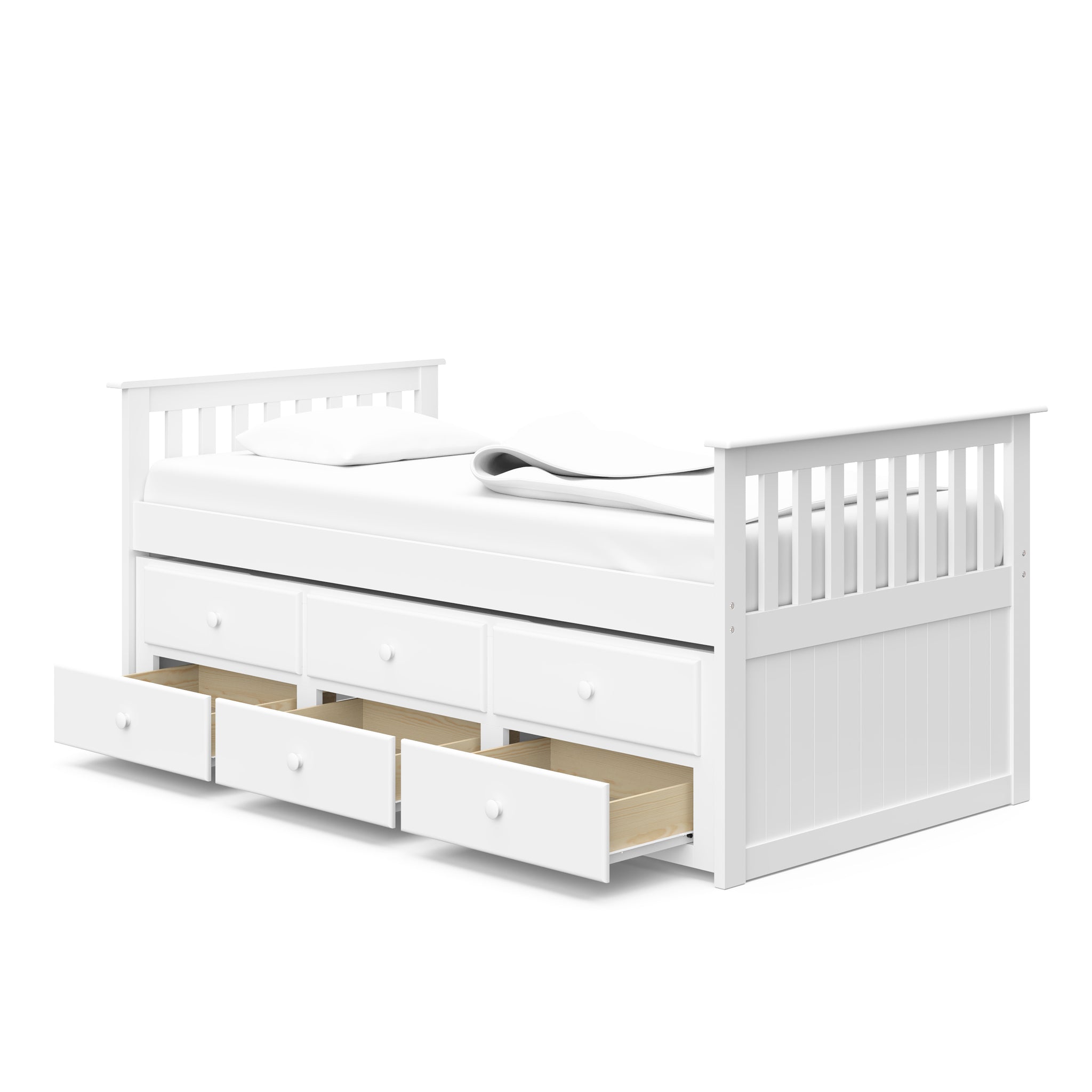 White twin size captains bed with twin trundle and open drawers angled