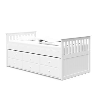 White twin size captains bed with twin trundle and drawers angled