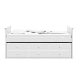 White twin size captains bed with twin trundle and drawers side view
