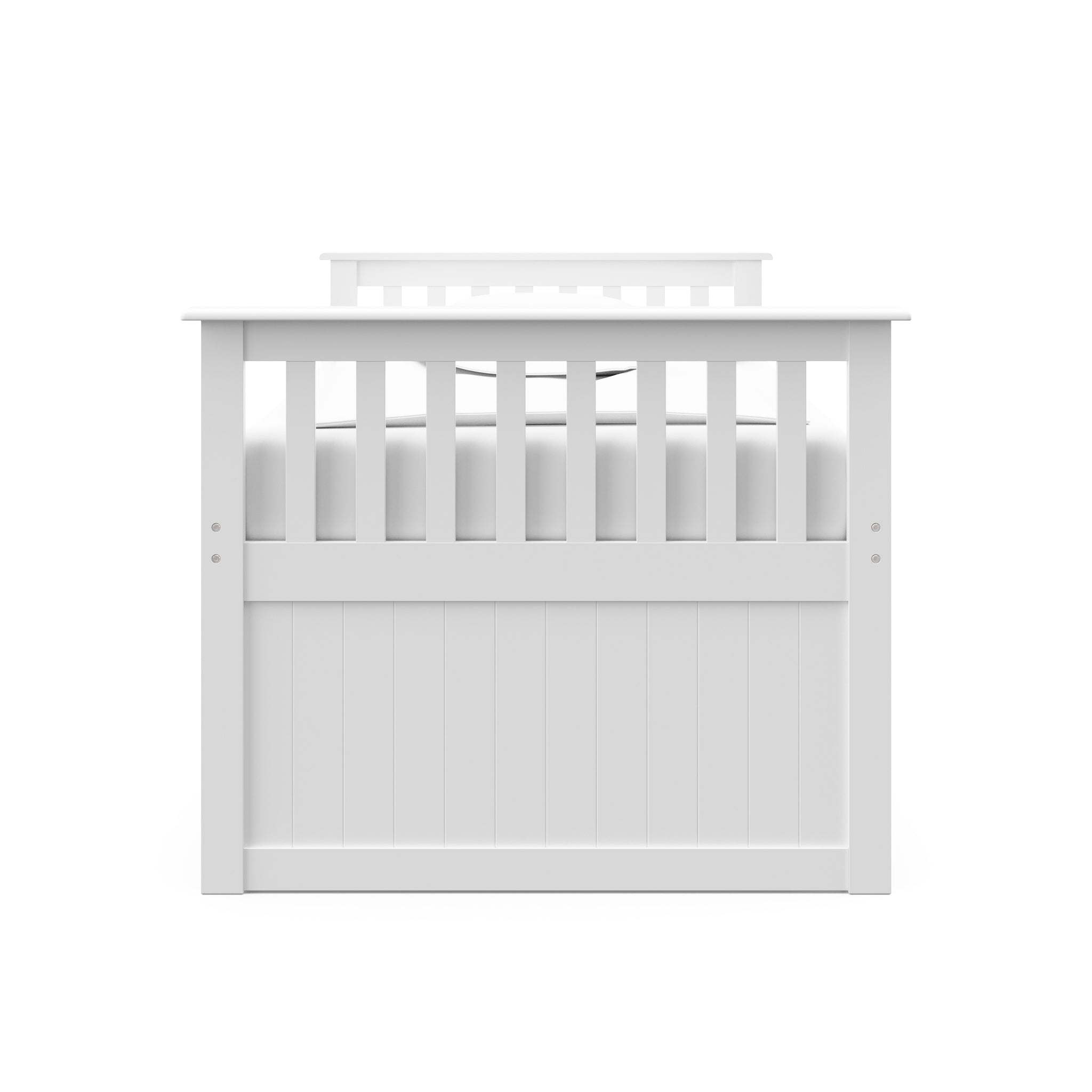 White twin size captains bed with twin trundle and drawers headboard view