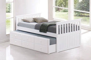 White twin size captains bed with open twin trundle and drawers in nursery