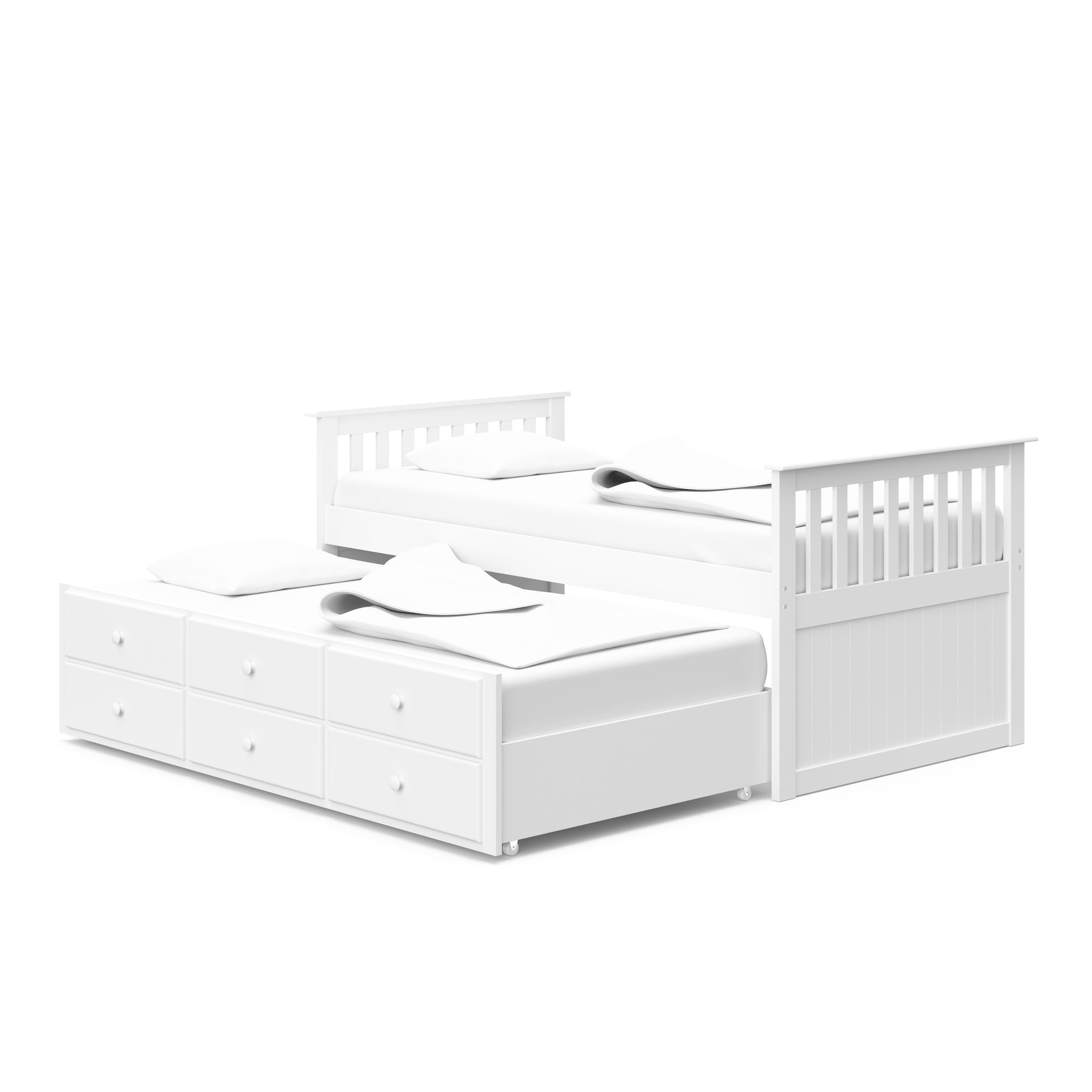 White twin size captains bed with open trundle and drawers angled
