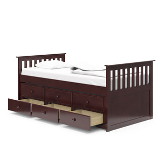 espresso twin size captains bed with twin trundle and open drawers angled
