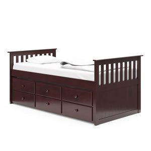 espresso twin size captains bed with twin trundle and drawers angled