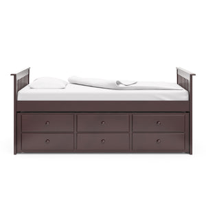 espresso twin size captains bed with twin trundle and drawers side view