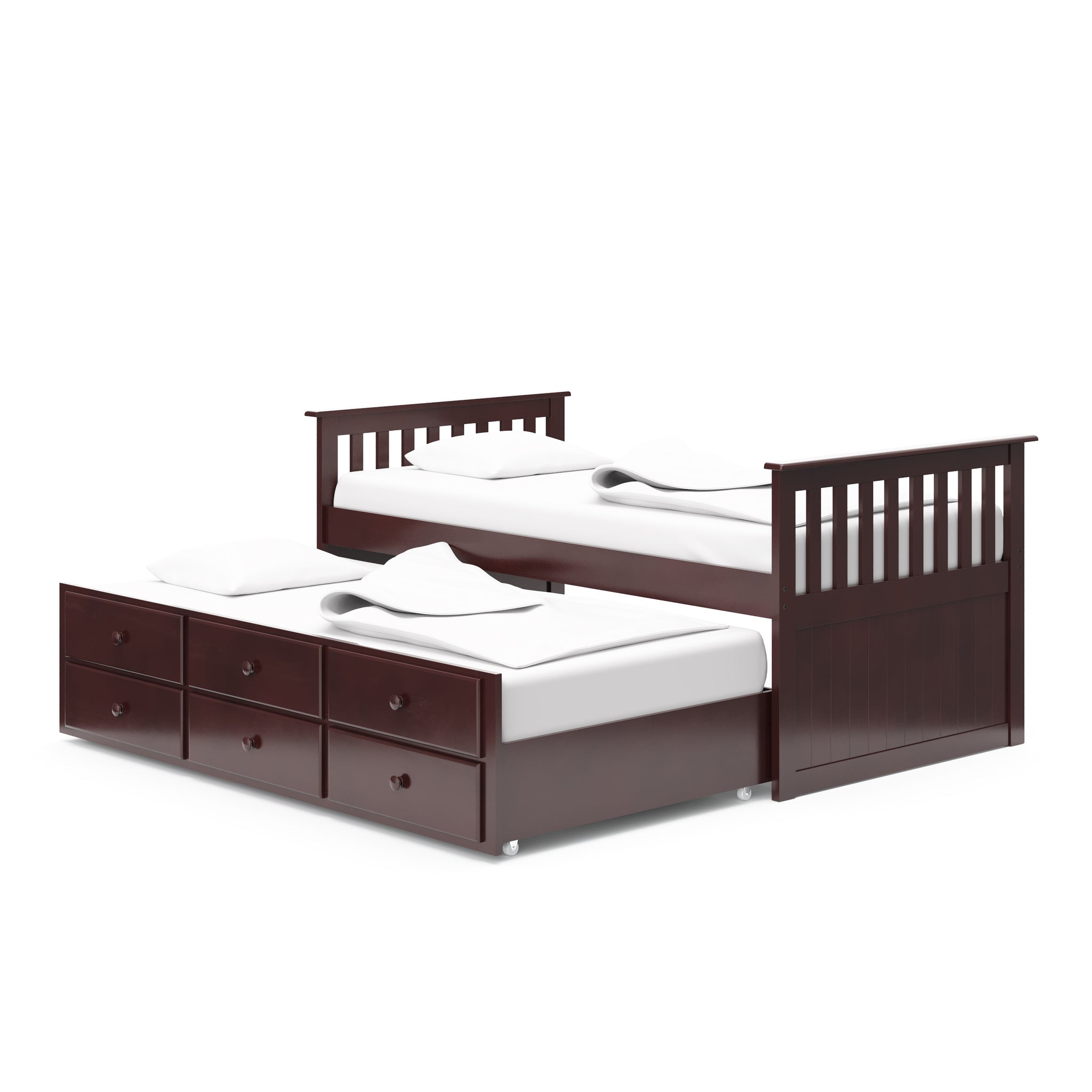 espresso twin size captains bed with open trundle and drawers angled