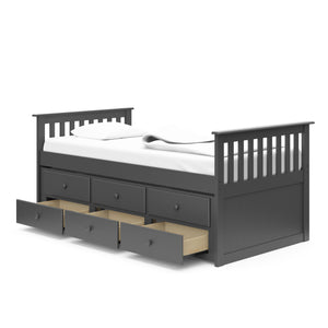 gray twin size captains bed with twin trundle and open drawers angled