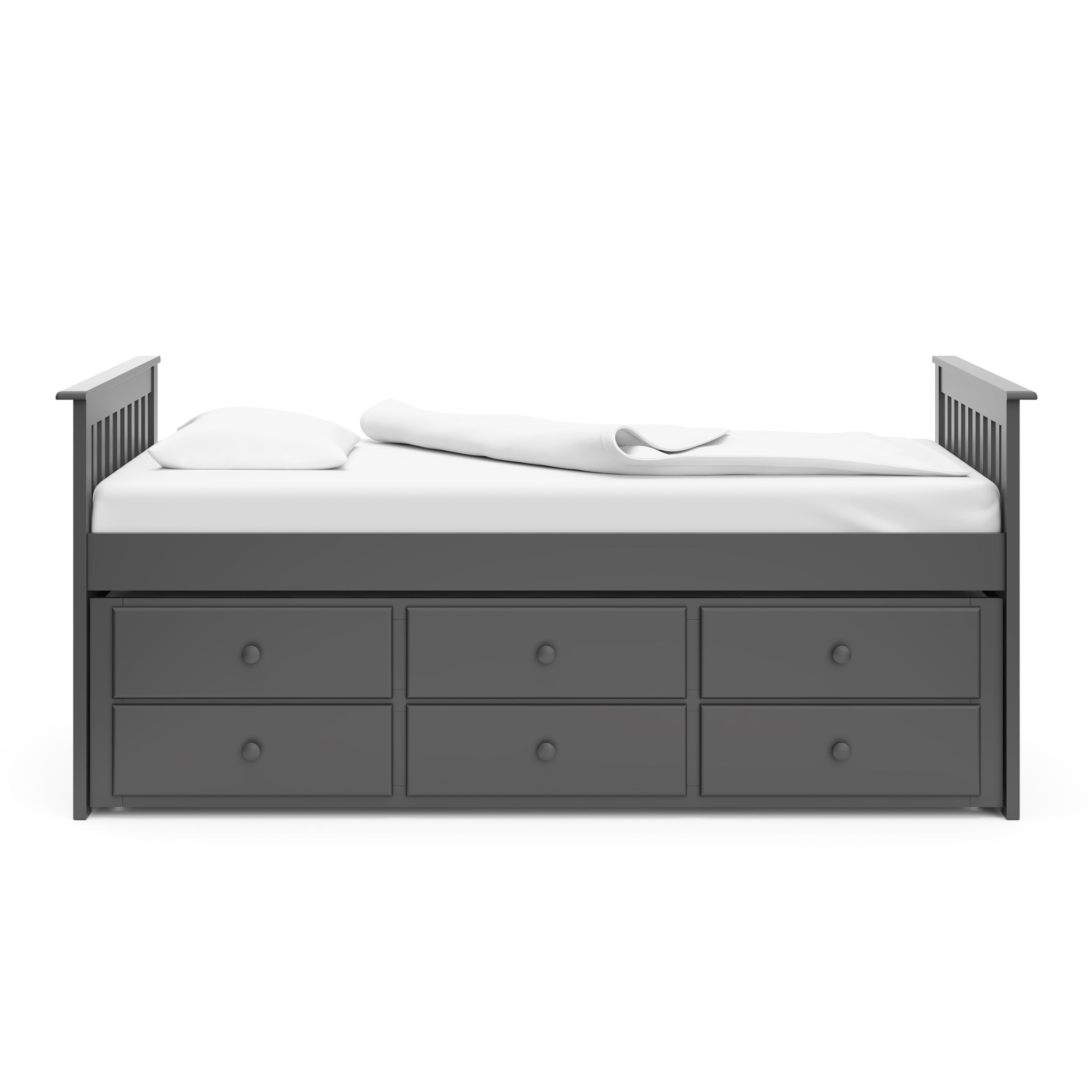 gray twin size captains bed with twin trundle and drawers side view