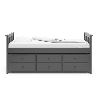 gray twin size captains bed with twin trundle and drawers side view
