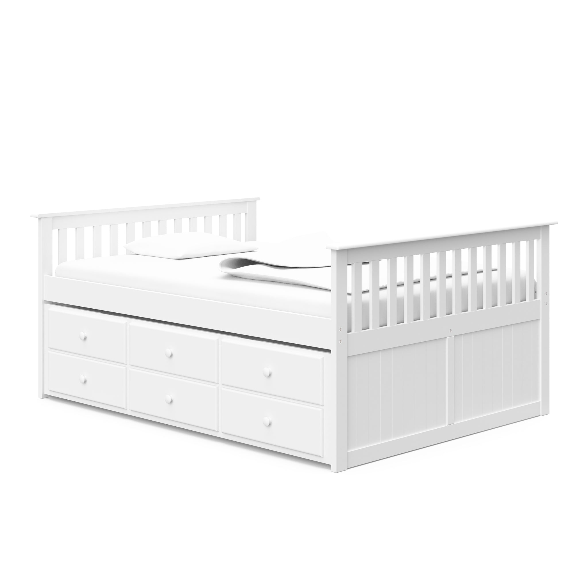 White full size captains bed with twin trundle and drawers angled