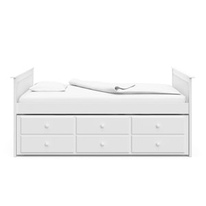 White full size captains bed with twin trundle and drawers side view
