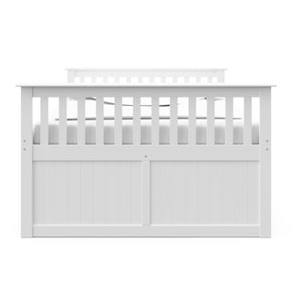 White full size captains bed with twin trundle and drawers headboard view