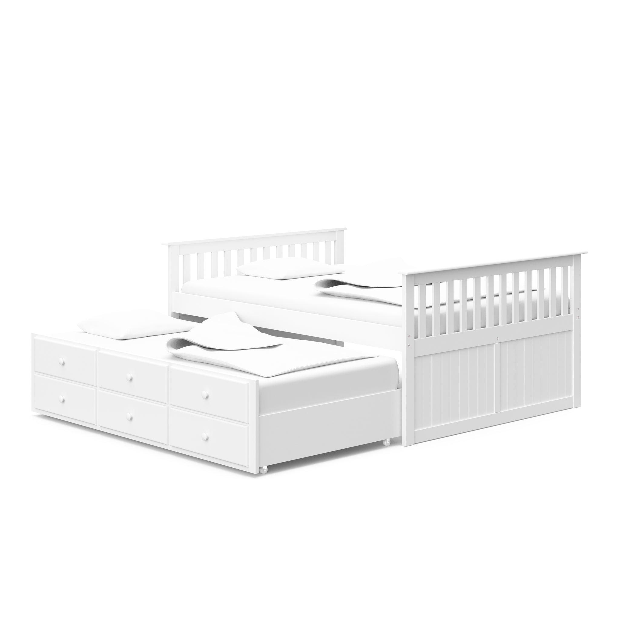 White full size captains bed with open trundle and drawers angled