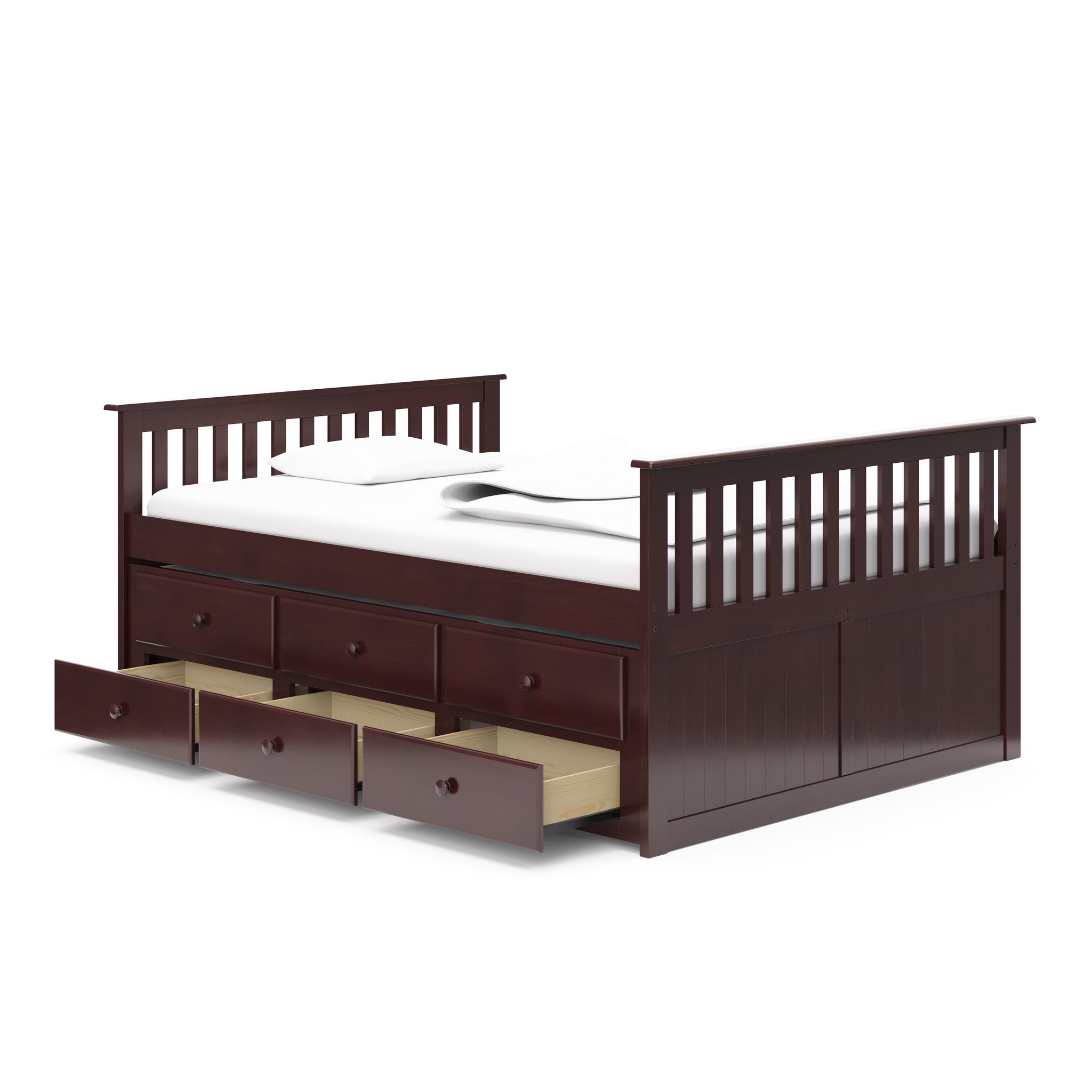 espresso full size captains bed with twin trundle and open drawers angled