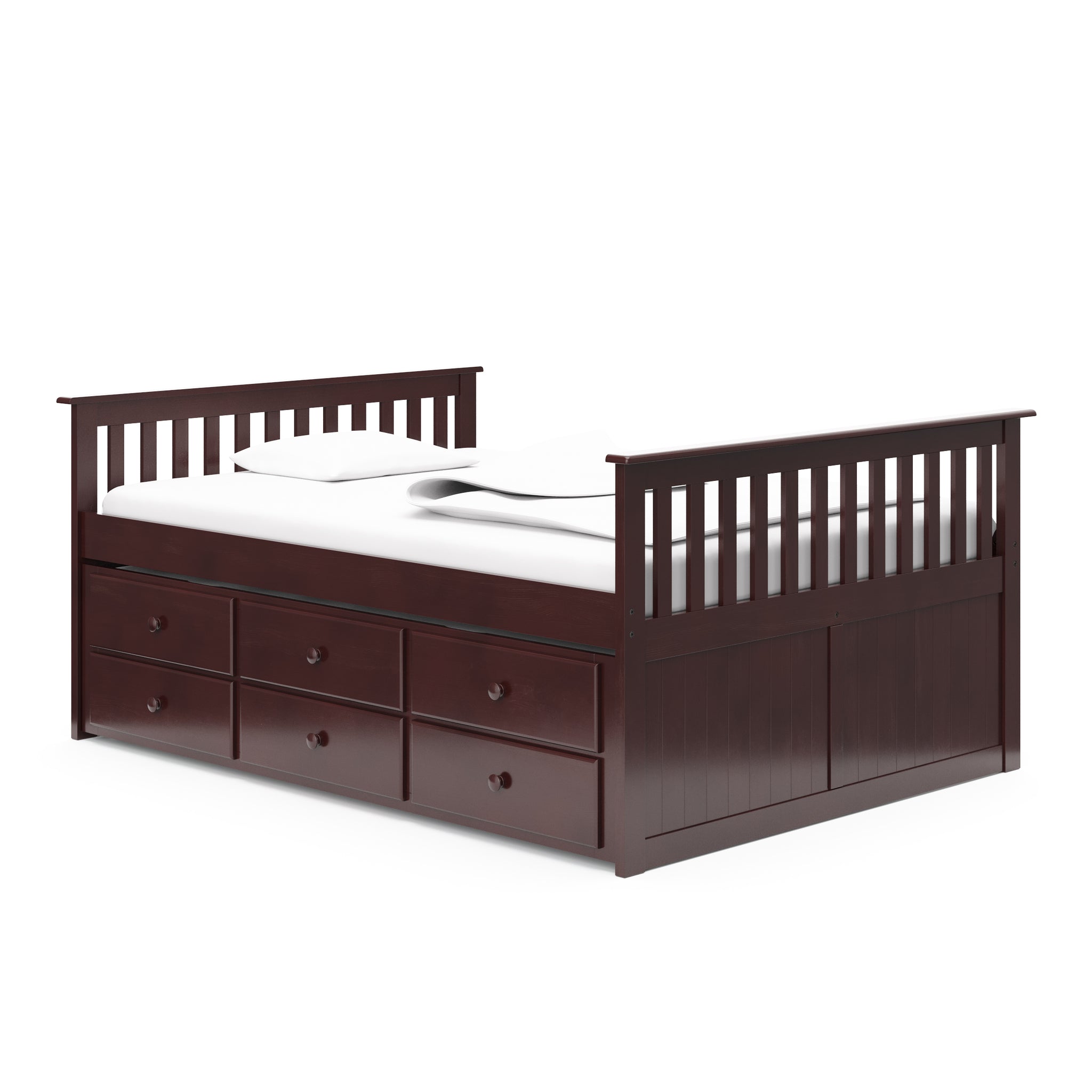 espresso full size captains bed with twin trundle and drawers angled