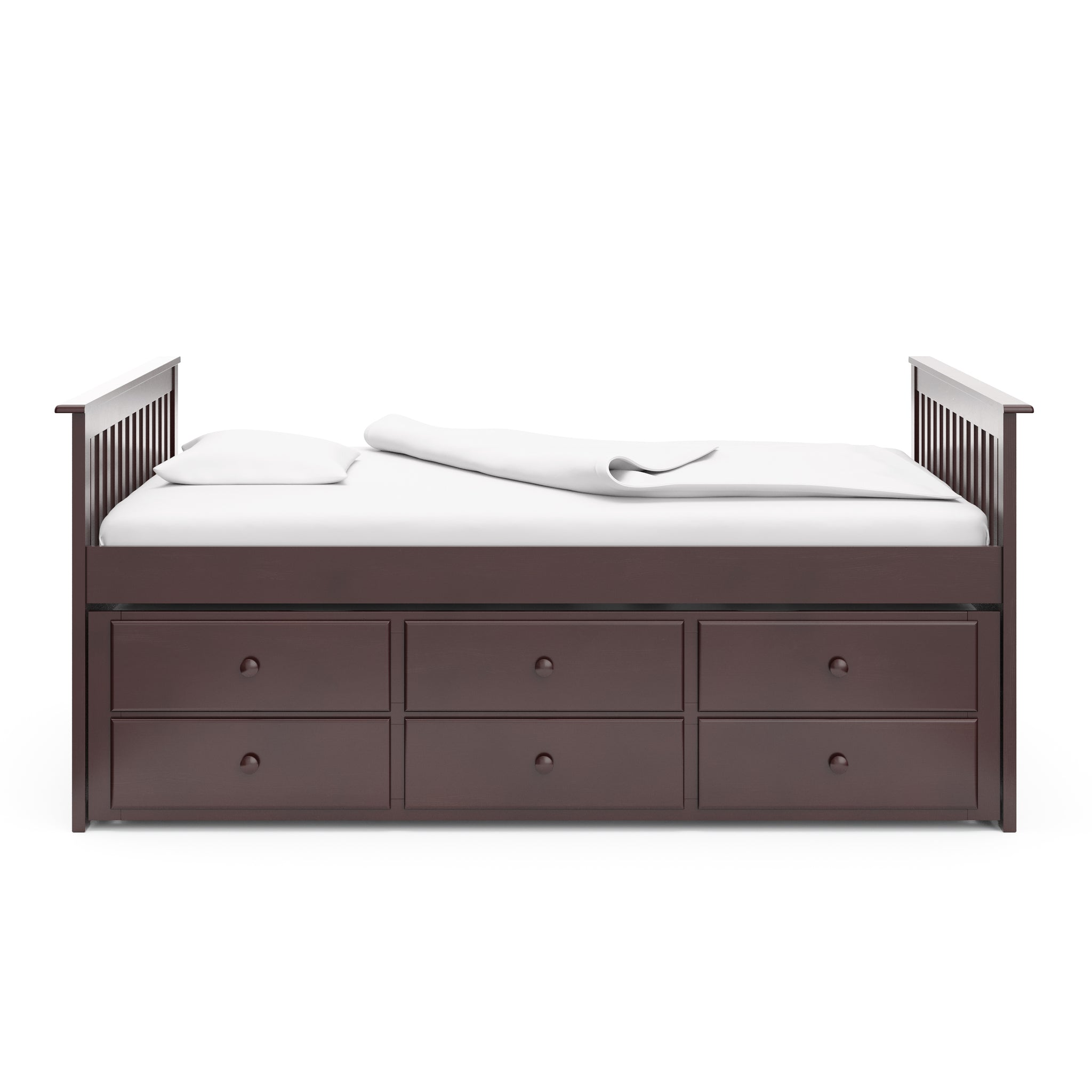 espresso full size captains bed with twin trundle and drawers side view