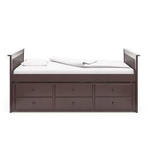 espresso full size captains bed with twin trundle and drawers side view