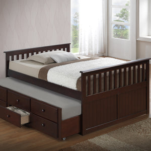 espresso full size captains bed with open twin trundle and open drawer in nursery