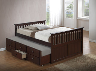 espresso full size captains bed with open twin trundle and open drawer in nursery