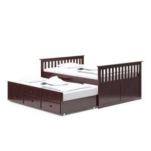 espresso full size captains bed with open twin trundle and drawers angled