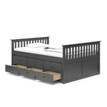 gray full size captains bed with twin trundle and open drawers angled