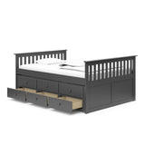 gray full size captains bed with twin trundle and open drawers angled