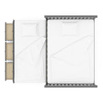 gray full size captains bed with open twin trundle and open drawers birds-eye view