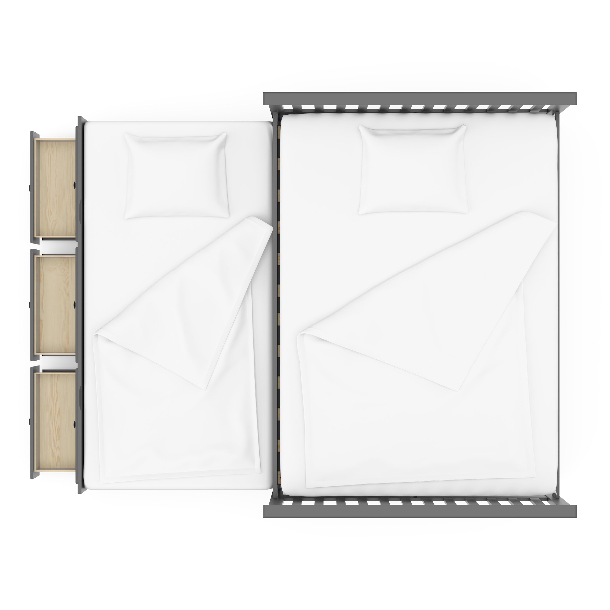 gray full size captains bed with open twin trundle and open drawers birds-eye view