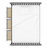 gray full size captains bed with twin trundle and open drawers birds-eye view