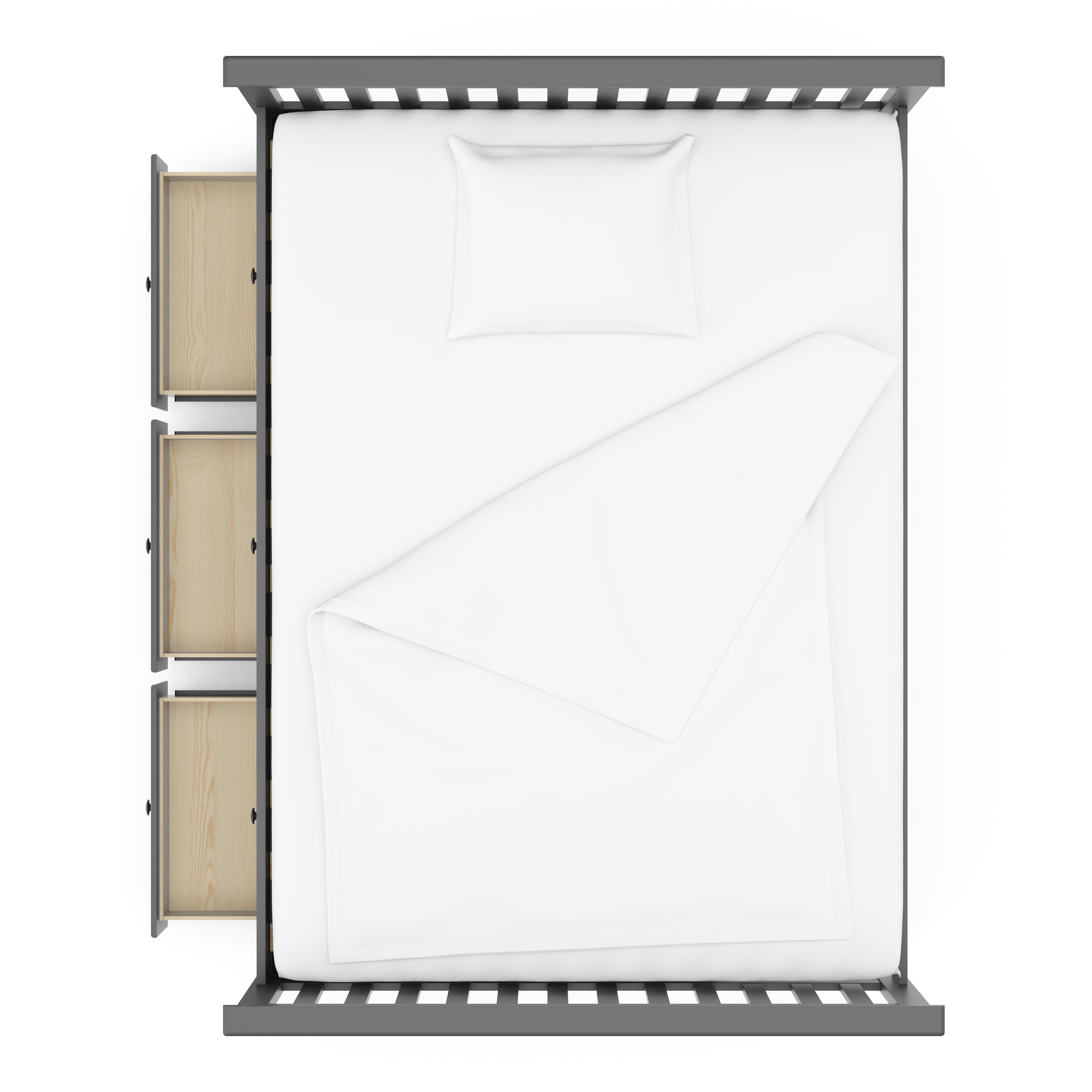 gray full size captains bed with twin trundle and open drawers birds-eye view