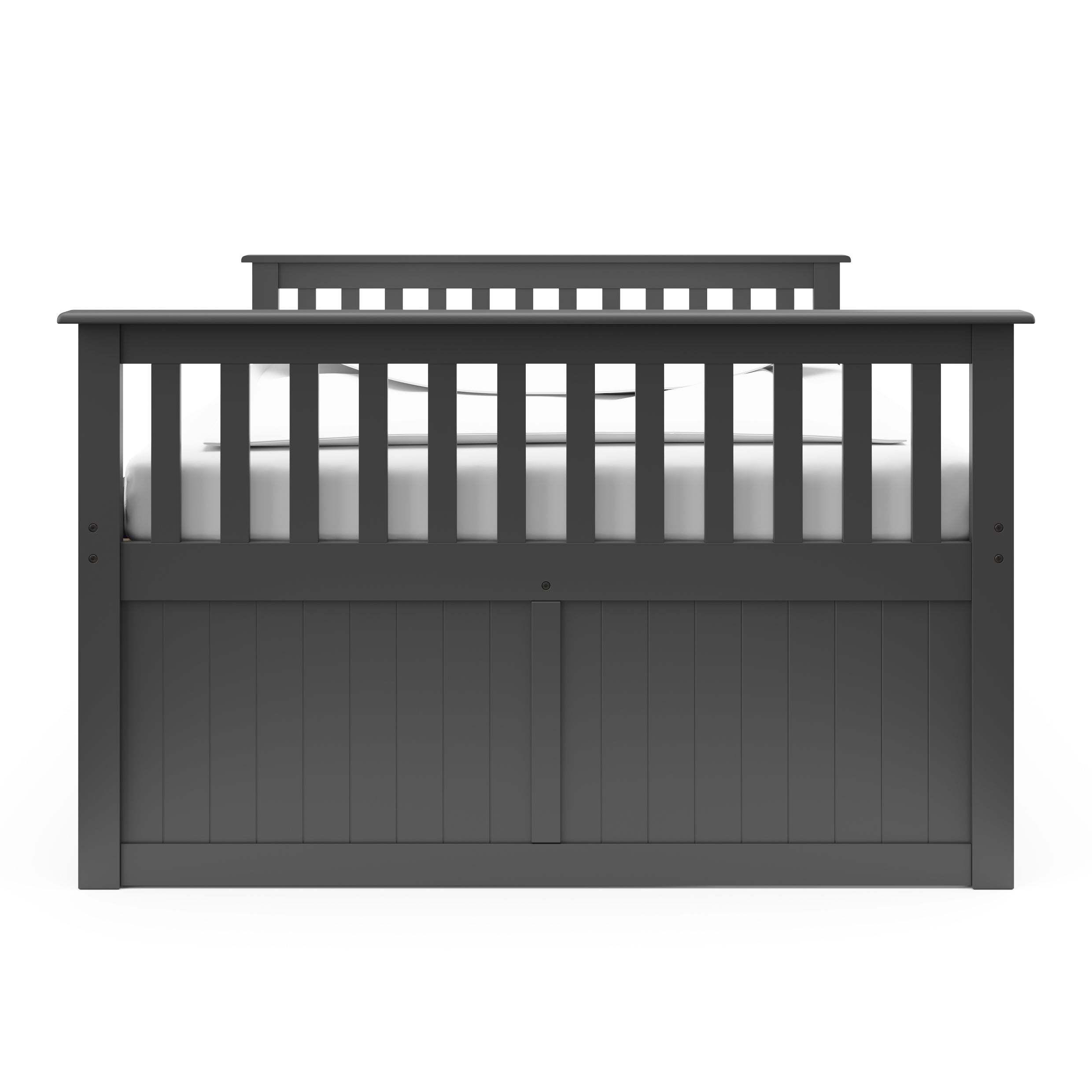 gray full size captains bed with twin trundle and drawers headboard view