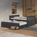 gray full size captains bed with open twin trundle and open drawer in nursery