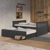 gray full size captains bed with open twin trundle and open drawer in nursery