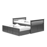 gray full size captains bed with open trundle and drawers angled