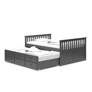 gray full size captains bed with open trundle and drawers angled