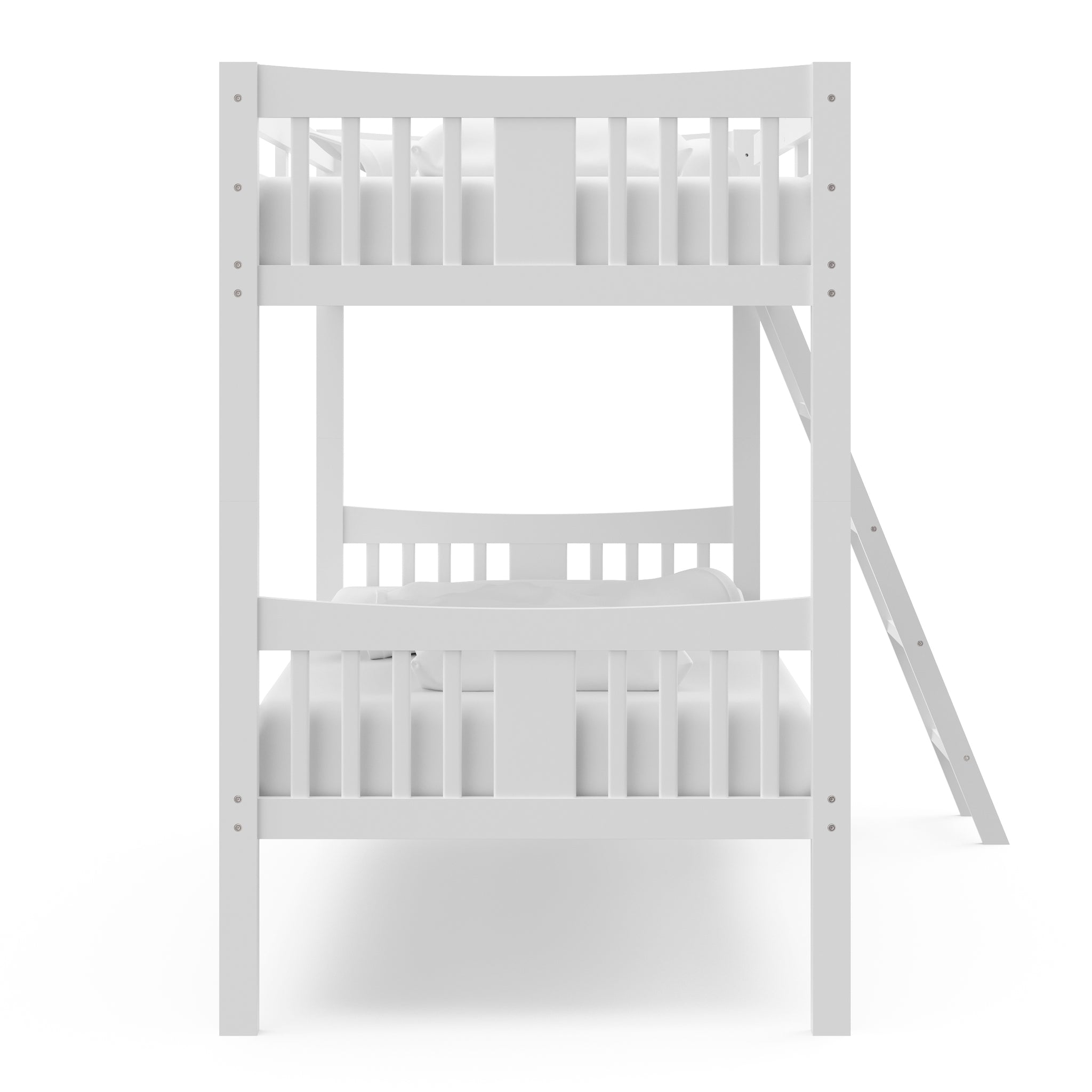 white bunk bed with fixed ladder headboard view