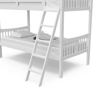 white bottom bunk bed with fixed ladder close-up view