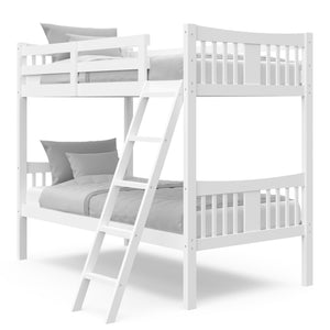 white bunk bed with fixed ladder angled with bedding