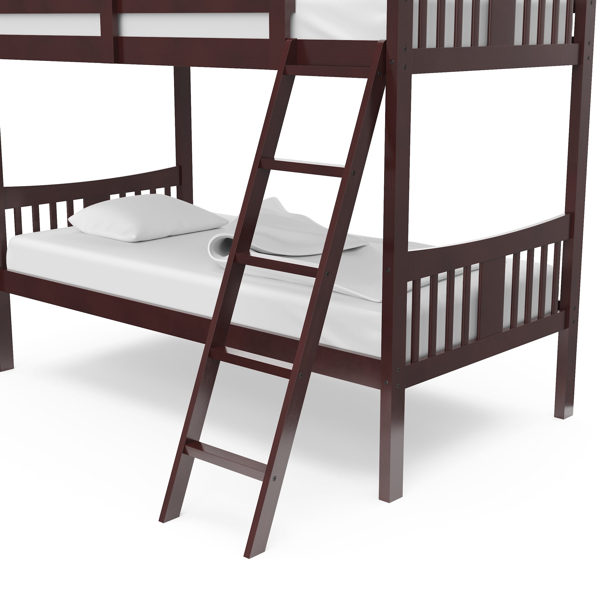 espresso bottom bunk bed ladder close-up view